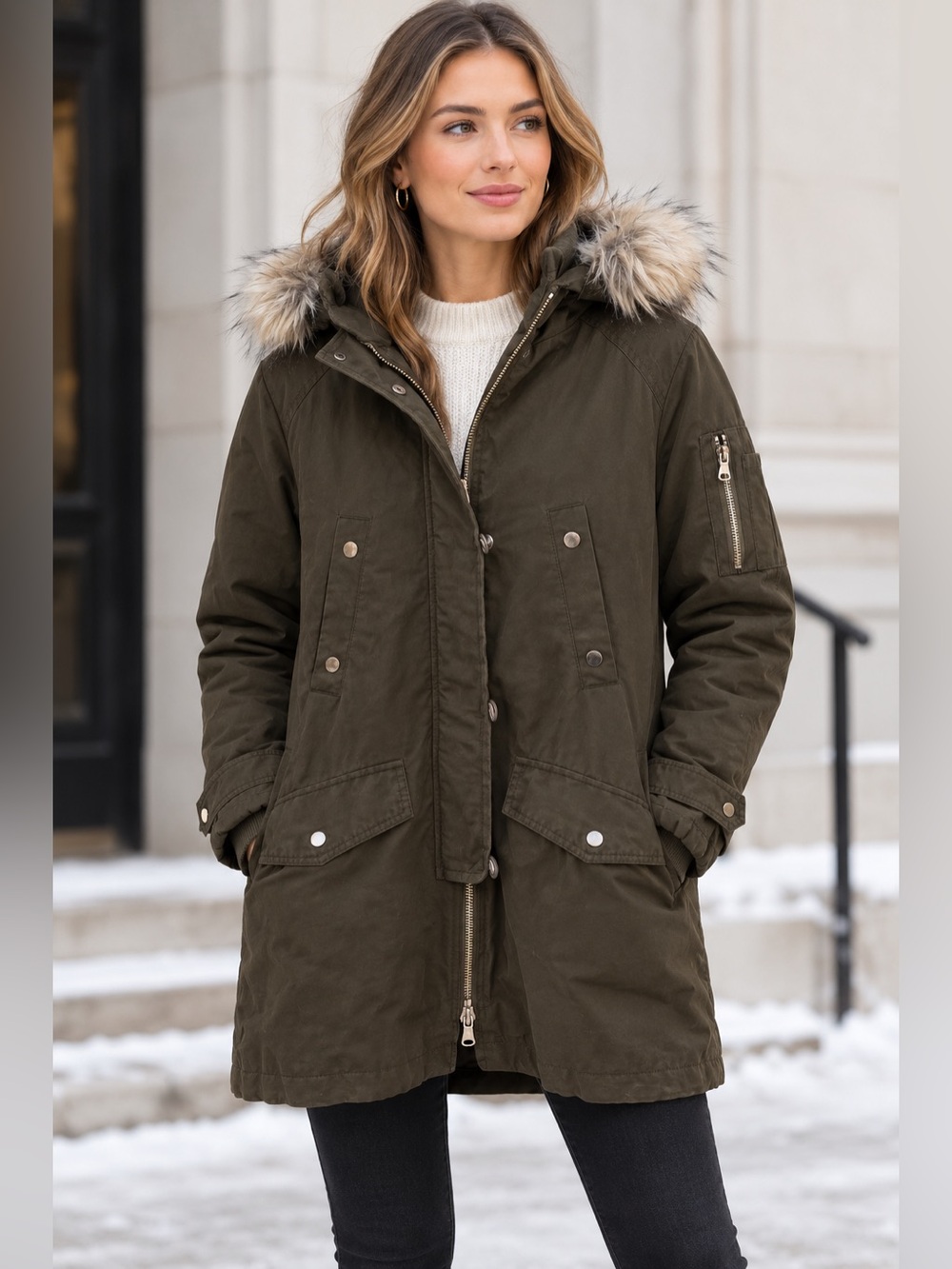 Zara Olive Green Faux Fur Hooded Parka Jacket Utility Military Style Size XS